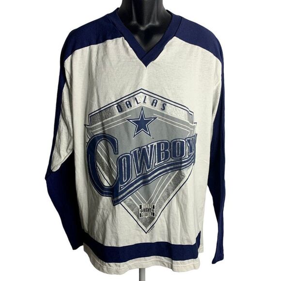 Vintage 90s Mens Dallas Cowboys T Shirt XL White Long Sleeve NFL Football V Neck